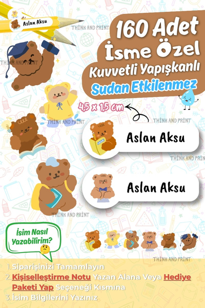 Think And Print Okul Etiketi Kalem Defter isimli Etiket Isim Yazılabilen Sevi...