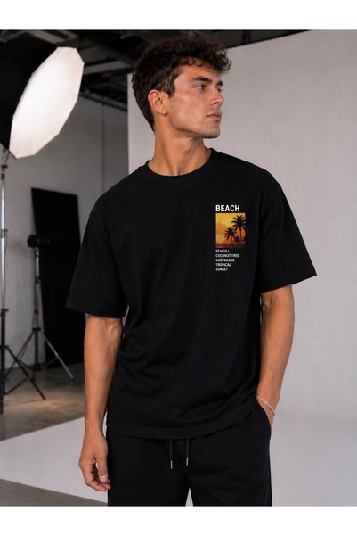 khufu Black Crew Neck Oversize Fit Cotton Beach Printed Relaxed Cut Unisex T-Shirt