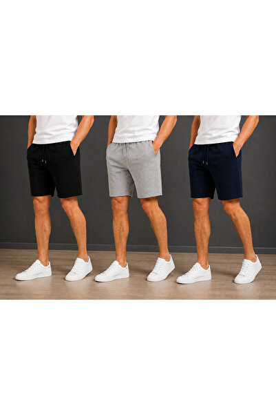 JARVİN 3 Pieces Men's Oversize Shorts (Black-Navy Blue-Gray) Soft Flex