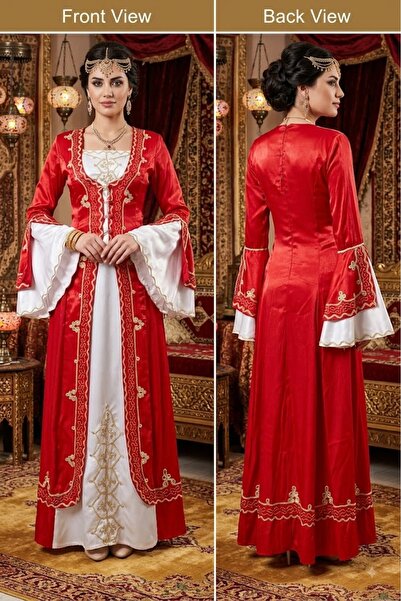 JABO WEDDİNG HOUSE KAFTAN KIRMIZI GOLD BEYAZ NAKIŞ İŞLEMELİ SATEN 36