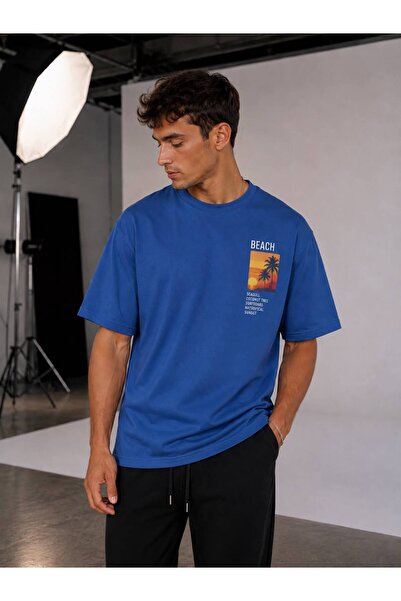 khufu Blue Crew Neck Oversize Fit Cotton Beach Printed Relaxed Cut Unisex T-S...