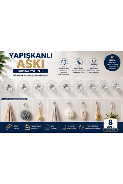 4 ADET KRİSTAL TASARIMLI ÇOK AMAÇLI YAPIŞKANLI TUTACAK BUTON