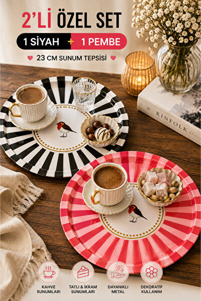 Le Paon 2'li Yuvarlak Metal Sunum Tepsisi 23 cm Siyah & Pembe Desenli Kahve İ...