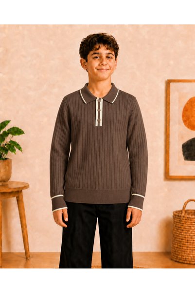 DECODASS Boys' Polo Collar Buttoned Ribbed Knitwear Sweater Long Sleeve Strip...
