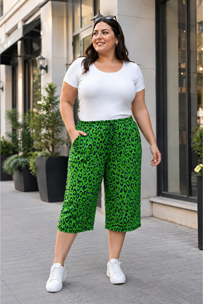 SOSYETE AVM Women's Curve Green Plus Size Elastic Waist Patterned Loose Cut S...