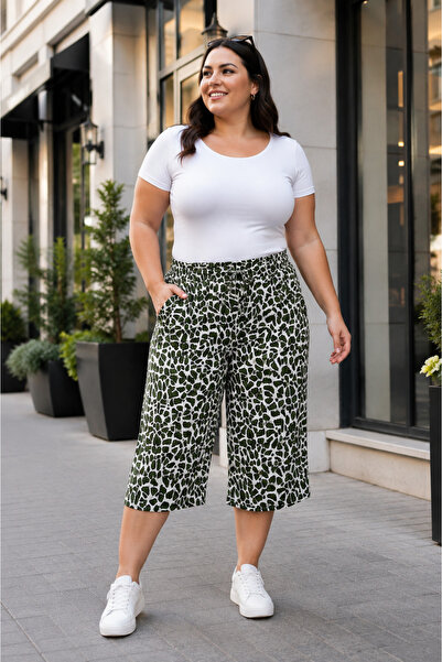 SOSYETE AVM Women's Curve Khaki Plus Size Elastic Waist Patterned Loose Cut S...