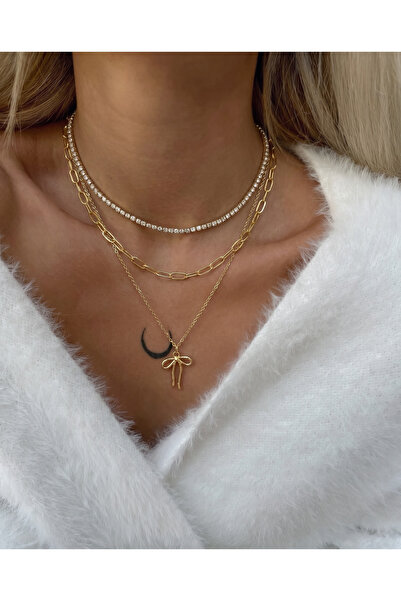 Gleemy accesories Trend Gold Kolye Seti Taşlı Zincir ve Fiyonk Detaylı