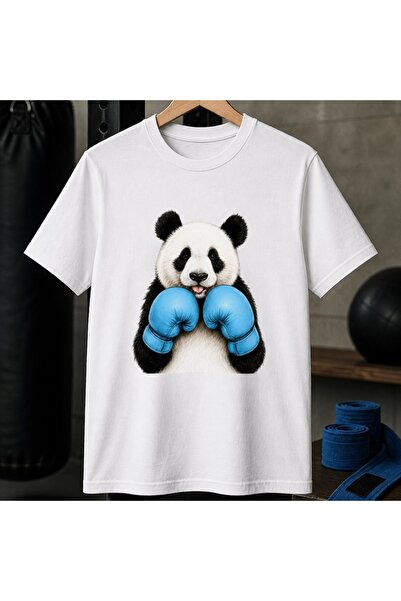 Boks Eldivenli Panda Baskılı Beyaz Unisex %100 Pamuk Standart Kesim Tişört