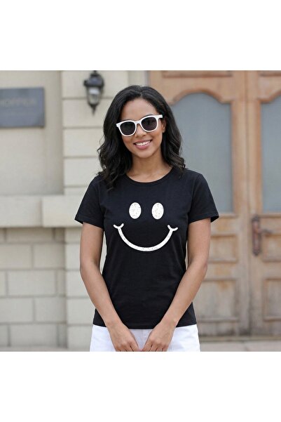TİMİSİVA Black Color Cotton Smiley Printed Family and Kids T-Shirt - Unisex T...