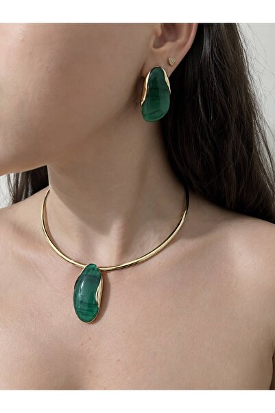 La Lumiere Yeşil Renkli Choker Kolye ve Küpe Seti