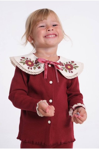 Patriko Girls' Autumn Nursery&Kindergarten Stylish Collar Embroidered Blouse Pants Top and Bottom Set