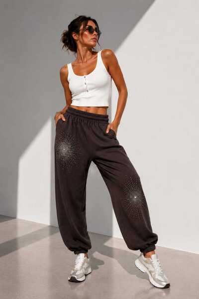 Yumey Women's Brown Stone Embroidered Loose Fit Jogger Sweatpants