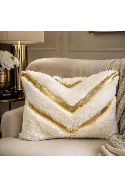 Volas Ekru Gold Detaylı Peluş Dekoratif Yastık 40x55 cm İçi Dolgulu Dikdörtge...