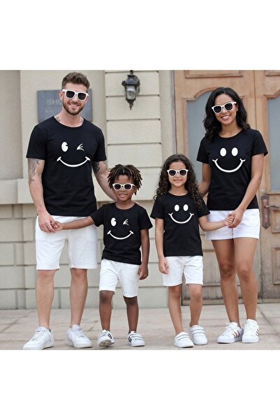 TİMİSİVA Black Color Cotton Smiley Printed Family and Kids T-Shirt - Unisex T...