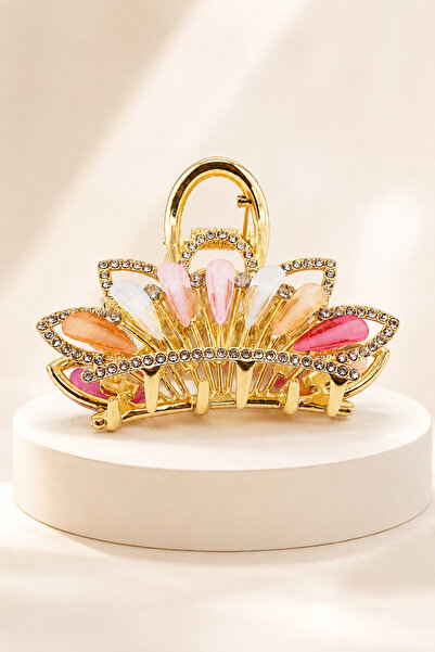 MakeWell Tightly Gripping Women's Stone Hairpin Clip – Gold Color with Pink a...
