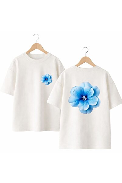 playwear Blue Floral Print on Back and Front Chest, 100% Cotton Oversize Loos...