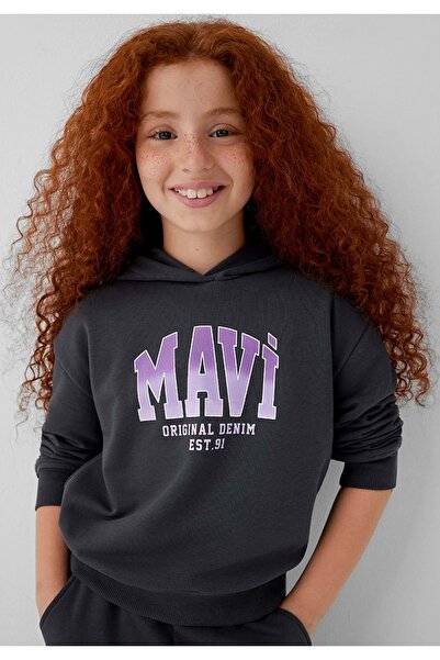 Mavi M7S10179 Hanorac cu glugă pentru fete, cu imprimeu logo, SMOKED