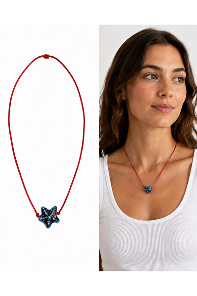 Arsaley Collection Kırmızı İp Porselen Mavi Yıldız Charm Kadın Kolye