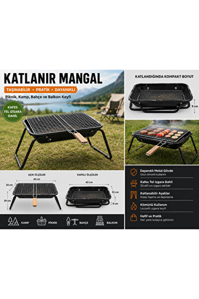 MEGESHOME Katlanır Mangal 33x43 cm | 30x40 Kafes Tel Izgara Dahil | Portatif ...