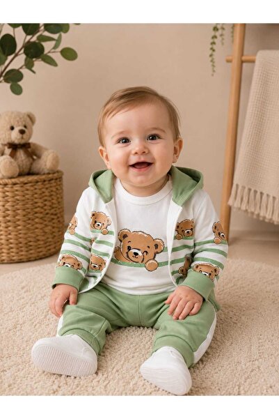 krm kerem bebe Erkek Bebek Ayıcık Desenli Zıbınlı Kapüşonlu Fermuarlı Ceketli 3'lü Mevsimlik Pamuklu Takım