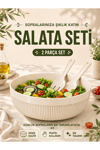 Homsen Şık Tasarımlı Salata Kasesi Servis Seti Kaşık Çatal Hediyeli Büyük Boy...