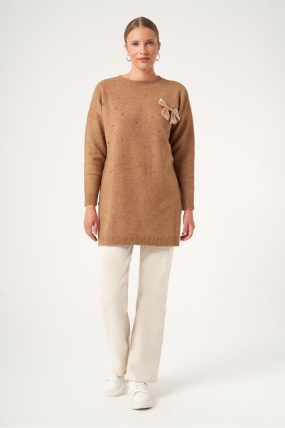 FTZ WOMEN Women's Pearl and Ribbon Detail Sweater Biscuit 25256