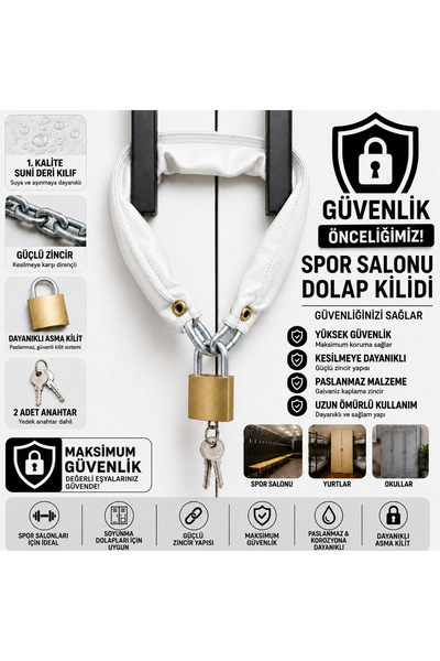 Vi Caro Spor Salonu Dolap Kilidi – Beyaz Deri Kılıflı Güçlü Zincir ve 2 Anaht...