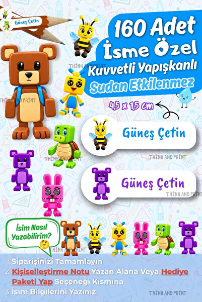 Think And Print 160 Adet Kişiye Özel Okul Etiketi İsimli Kalem Defter Suluk E...