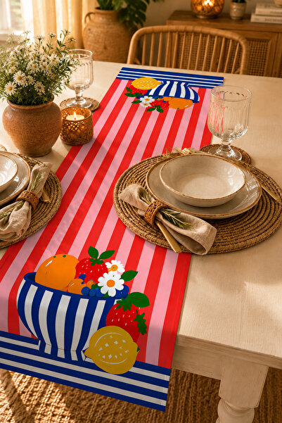 Benlisso Home Kırmızı Pembe Çizgili Vazo Desenli Runner 40x140 Leke Tutmaz