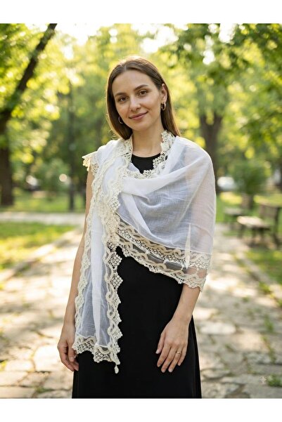Generic Brand Eșarfă/Șal Elegant Damă Alb cu Bordură lată din Dantelă Bej/Cre...