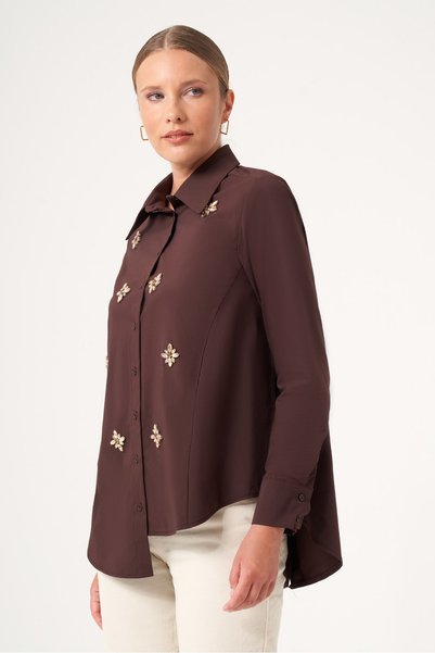 FTZ WOMEN Women's Stone Detailed Poplin Shirt Brown 31510