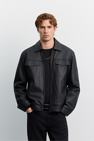 Avva Men's Black Classic Collar Leather Coat with Magnet Detail and Pocket Fl...