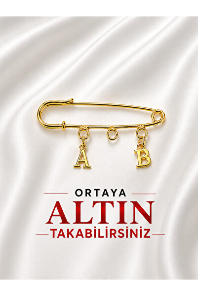 QELA COLLECTION Harfli Damat Gelin Yaka İğnesi Kişiye Özel Çeyrek Altın Takıl...