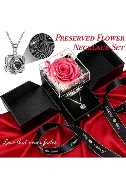 Excitat ® Eternal Rose Set with Necklace, Preserved Flowers with LED Lights, ...