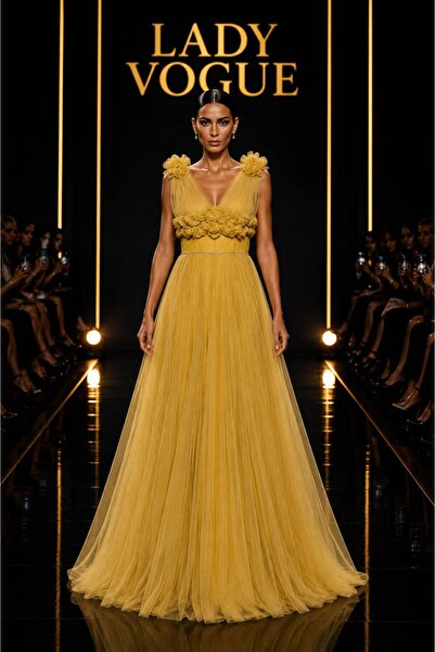 Lady Vogue Kadın Sarı Çiçek İşlemeli Tül Abiye Elbise