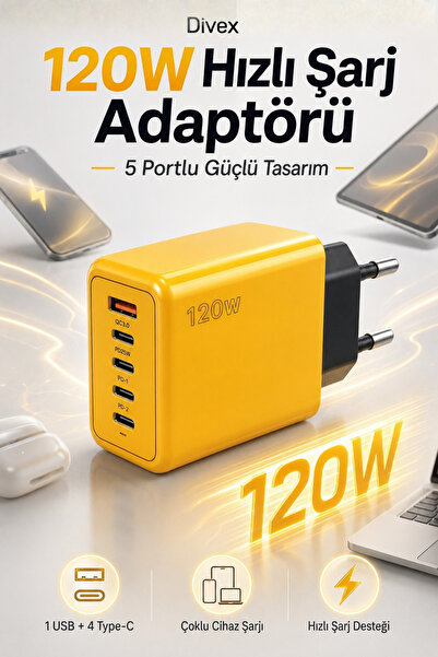 Divex 120W Hızlı Şarj Adaptörü – 5 Portlu Type-C PD ve USB Çoklu Hızlı Şarj C...