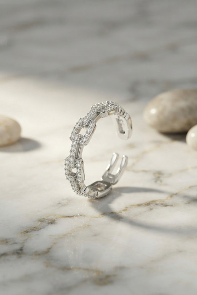 callerrons accessories Silver Color Zircon Stone Chain Model Women's Ring - E...