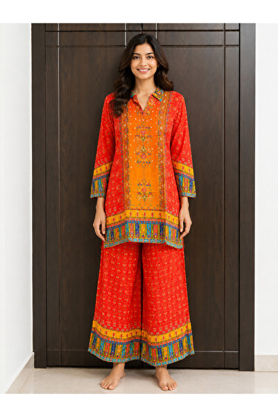 Devoiler Women’s Orange Printed Chiffon Co-Ord Set | Long Tunic Top & Wide-Le...