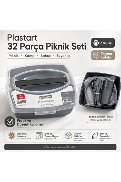 PlastArt 32 Parça 6 Kişilik Piknik Seti – Taşıma Kutulu, Pratik ve Düzenli Ku...
