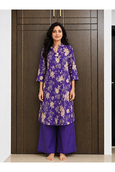 Devoiler Women’s Violet Floral Printed Cotton Co-Ord Set | Long Tunic Top & W...