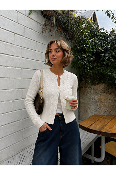MAISONE Ecru Hair Knitted Patterned Crew Neck Buttoned Women's Knitwear Cardi...