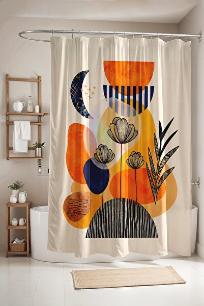 EVPANYA Bathroom Curtain, Abstract Orange Colors and Flowers Pattern Shower C...