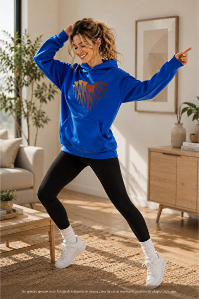 caddekombin Women's Melting Hearts Printed Hooded Kangaroo Pocket Cotton Casu...