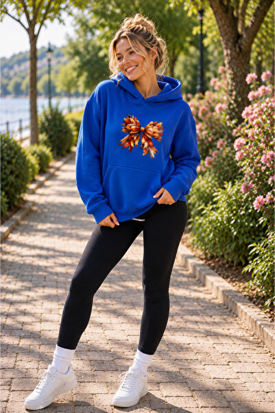 caddekombin Women's Feather Motif Ribbon Graphic Printed Hooded Kangaroo Pock...