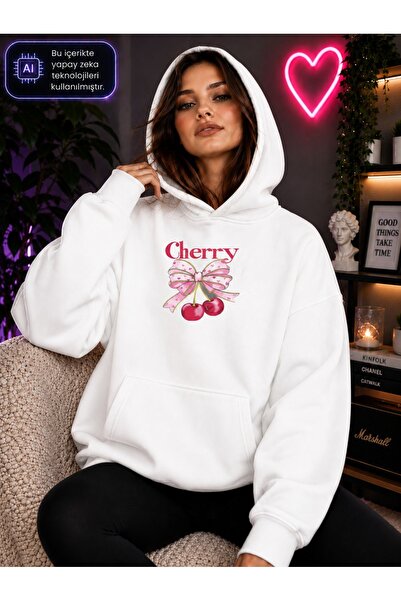 caddekombin Women's Heart Patterned Ribbon Cherry Hooded Kangaroo Pocket Cott...