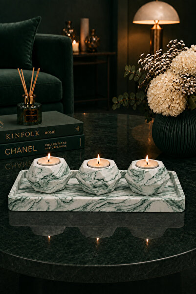 betonmall Beton Mum Seti 4 Parça Tepsili 3'lü Mumluk Tealight Şamdan Mumlar D...