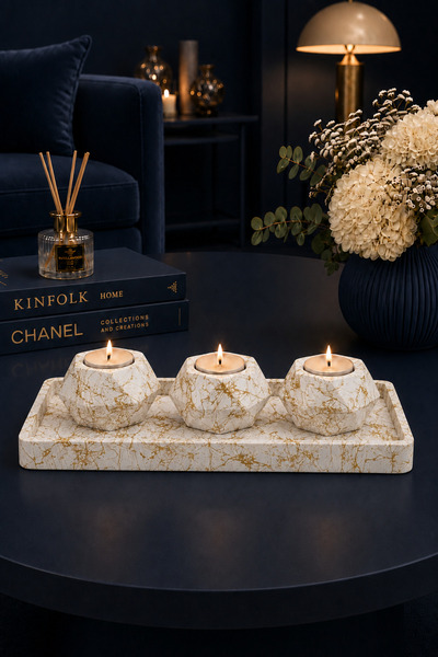 betonmall Beton Mum Seti 4 Parça Tepsili 3'lü Mumluk Tealight Şamdan Mumlar D...
