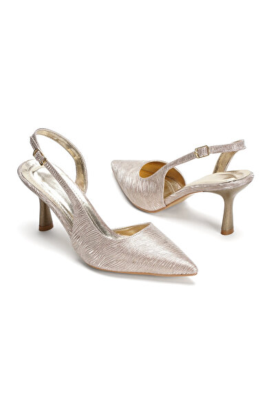 MFT AYAKKABI Women's Gold Textured Open-Back Thin Heeled Shoes