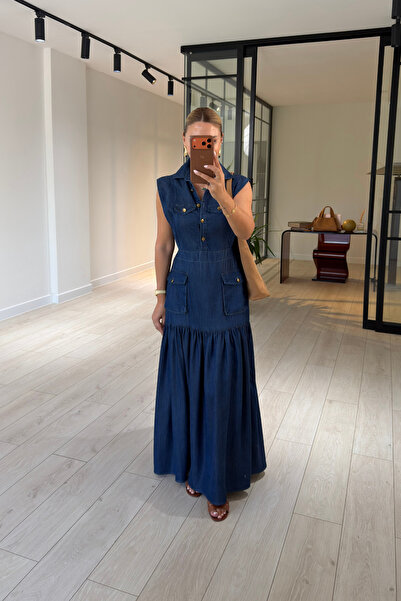 Sezgi Tekin T Sleeve Bellows Pocket Tensel Denim Navy Blue Maxi Dress