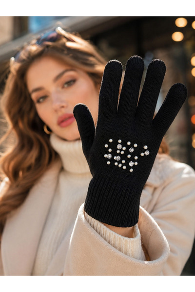 Luminos Butik Black Stone Detailed Knitwear Long Winter Gloves Eld60